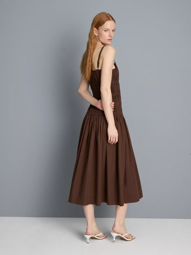 Cotton square neck ruched midi dress