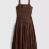 Cotton square neck ruched midi dress