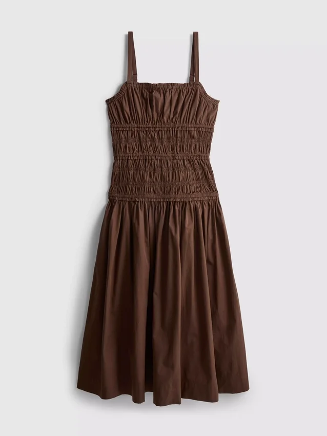 Cotton square neck ruched midi dress