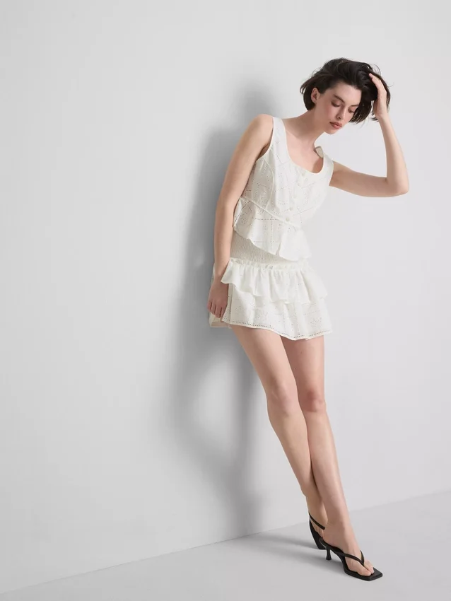Cotton tiered embroidered mini skirt