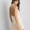 Cowl neck crochet halter mini dress