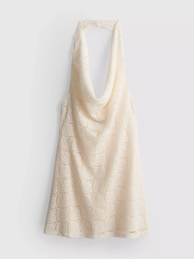 Cowl neck crochet halter mini dress