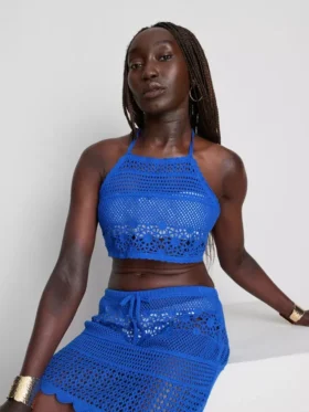 Cropped crochet halter-neck top