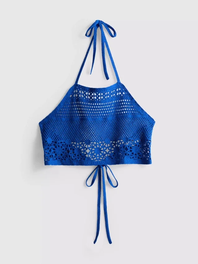 Cropped crochet halter-neck top