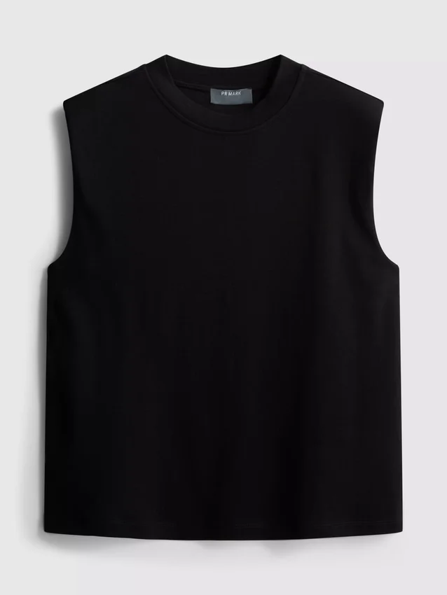 Cropped sleeveless shoulder pad tee