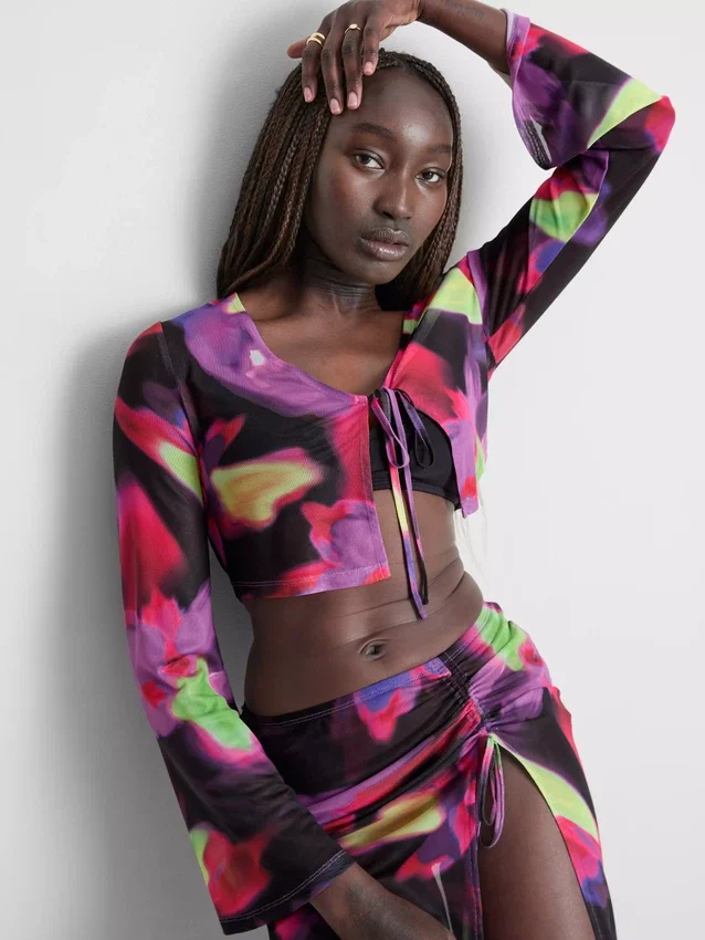 Cropped tie detail mesh top