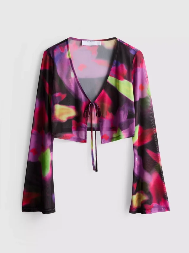 Cropped tie detail mesh top