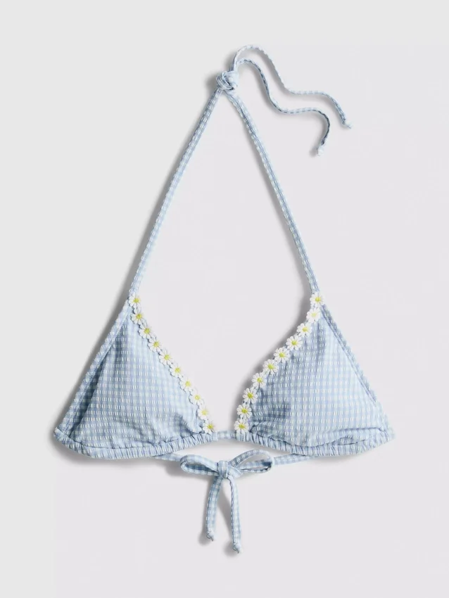 Daisy trim gingham triangle bikini top