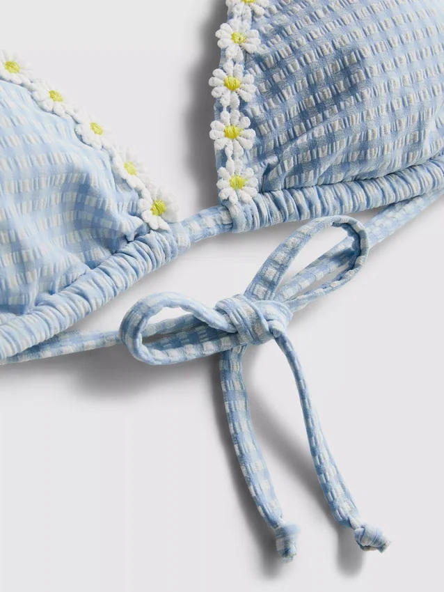 Daisy trim gingham triangle bikini top