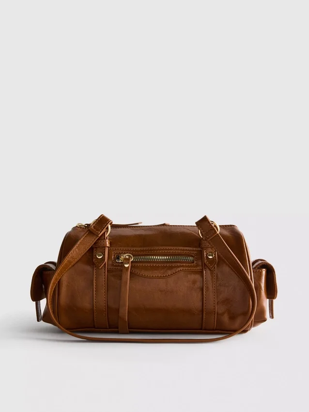Distressed faux leather bowler bag