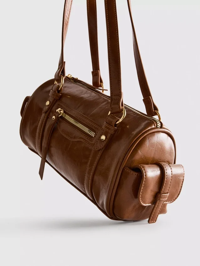 Distressed faux leather bowler bag