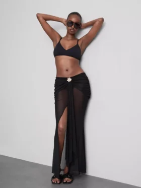 Draped mesh midi skirt