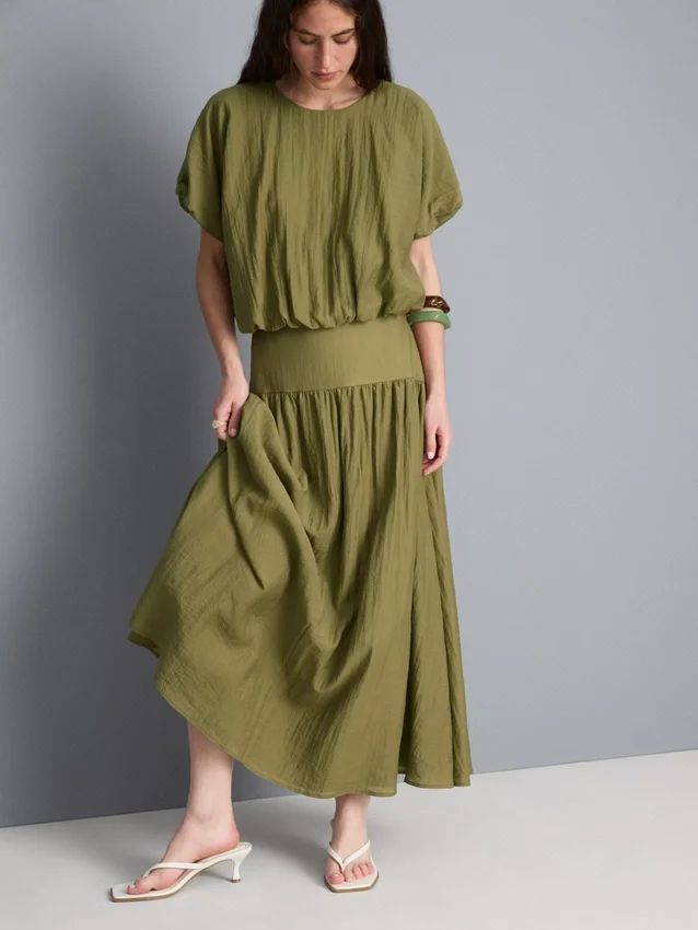 Dropped-waist midi skirt
