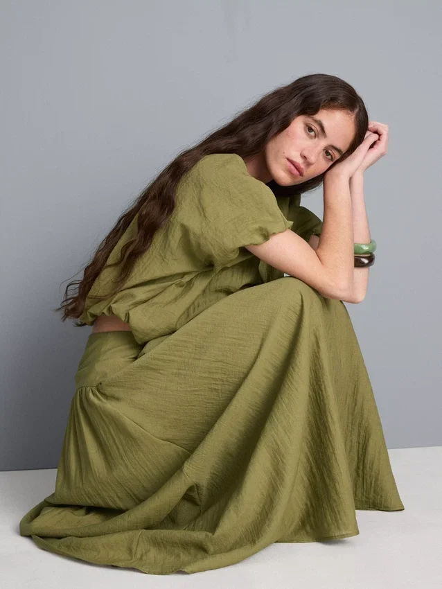 Dropped-waist midi skirt