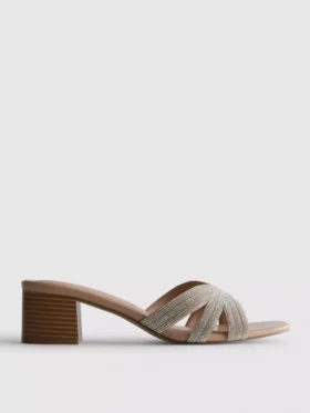 Embellished cross-strap block-heel mules