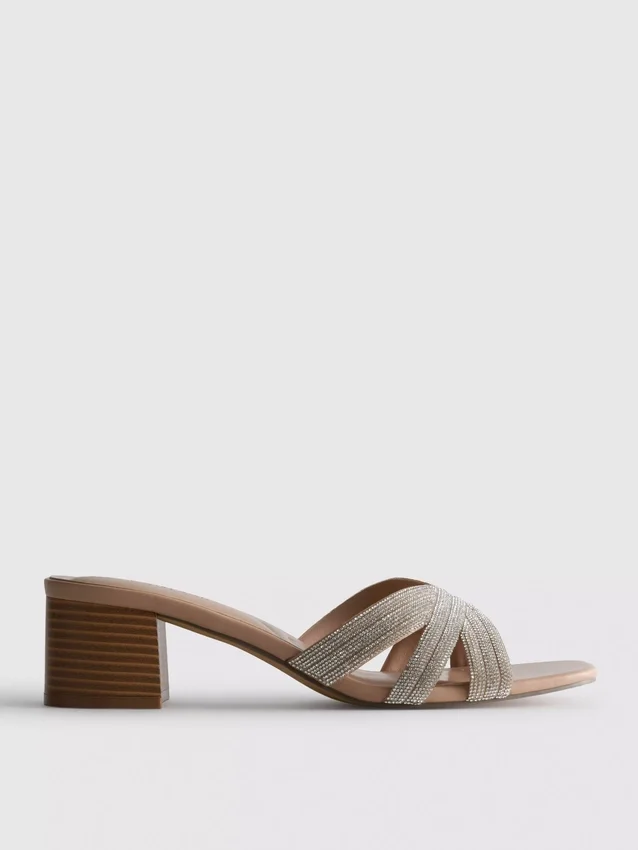 Embellished cross-strap block-heel mules