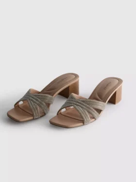 Embellished cross-strap block-heel mules