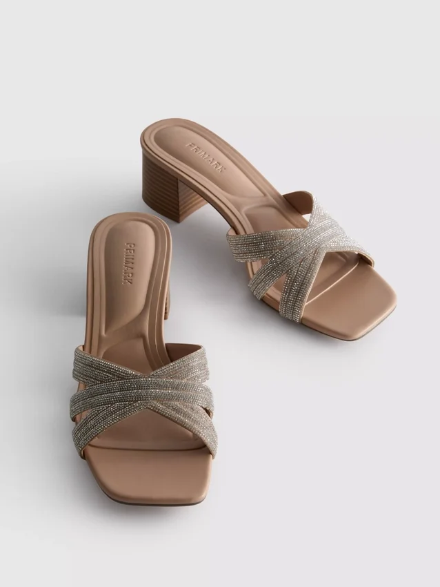 Embellished cross-strap block-heel mules
