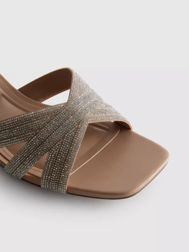 Embellished cross-strap block-heel mules