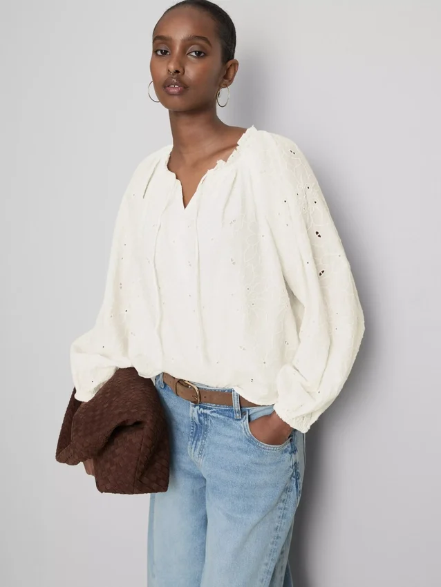 Embroidered balloon-sleeve blouse