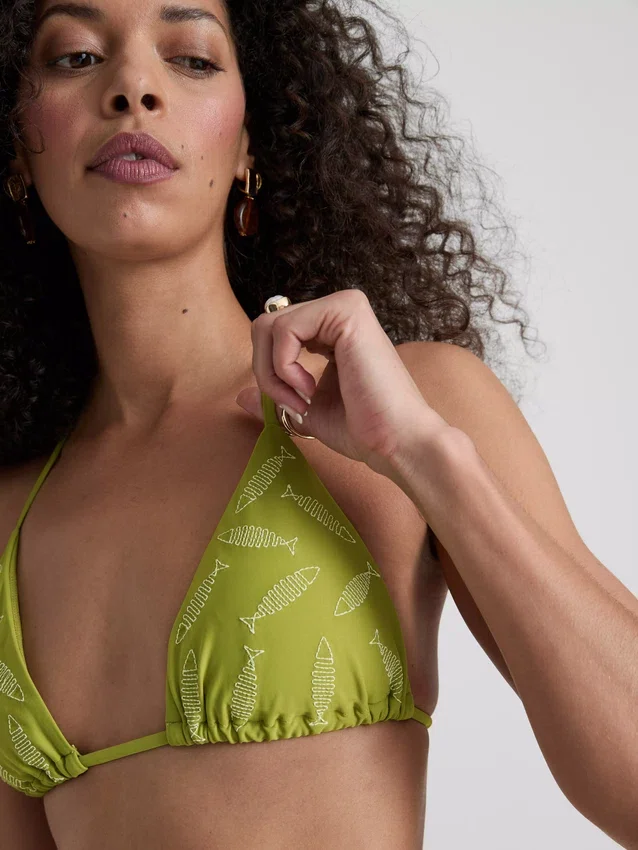 Embroidered fish triangle bikini top