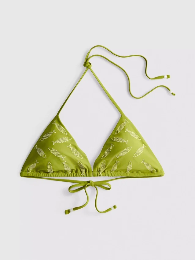 Embroidered fish triangle bikini top