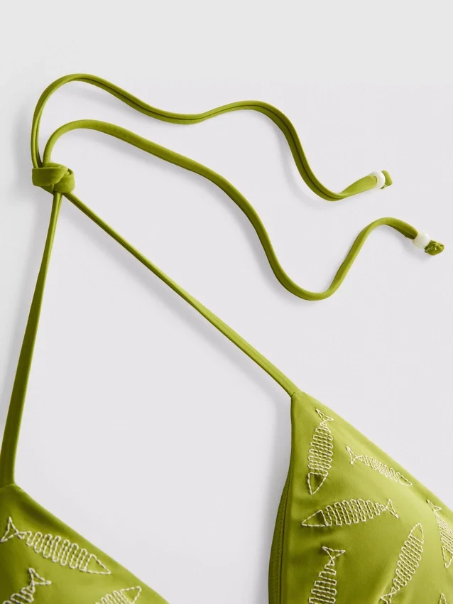Embroidered fish triangle bikini top