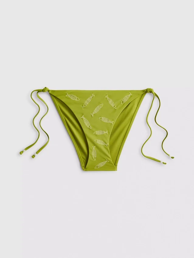 Embroidered tie side bikini bottoms