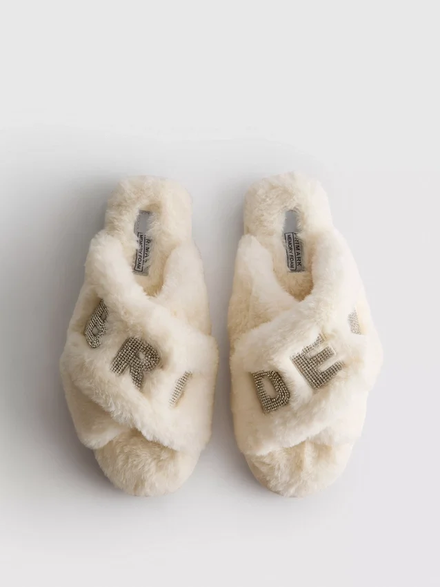 Faux fur bridal cross strap mule slippers