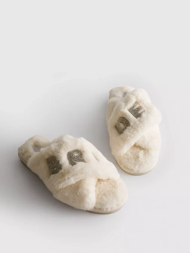 Faux fur bridal cross strap mule slippers