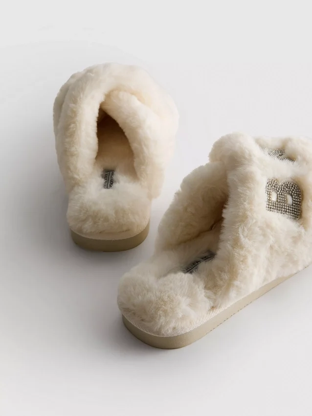 Faux fur bridal cross strap mule slippers
