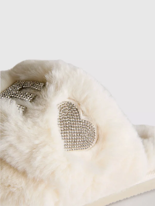 Faux fur bridal cross strap mule slippers