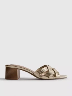 Faux leather weave block heel mules