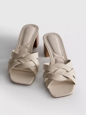 Faux leather weave block heel mules