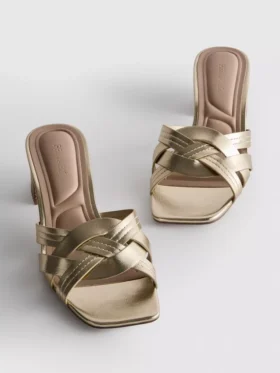 Faux leather weave block heel mules