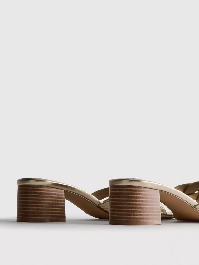 Faux leather weave block heel mules