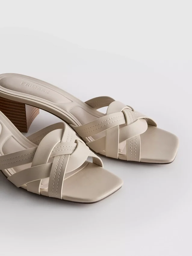 Faux leather weave block heel mules