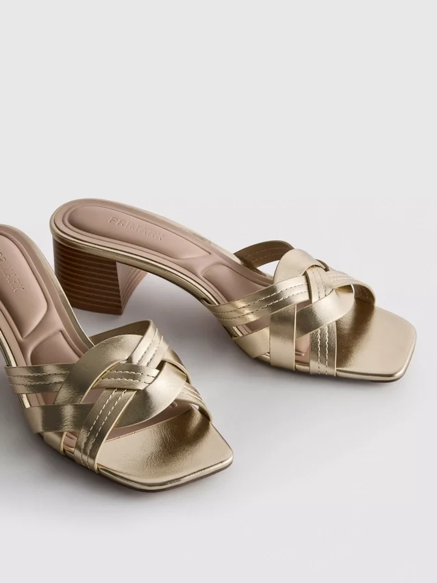 Faux leather weave block heel mules