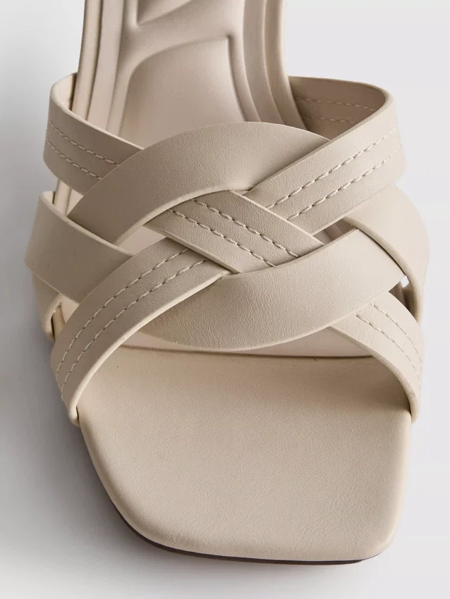 Faux leather weave block heel mules