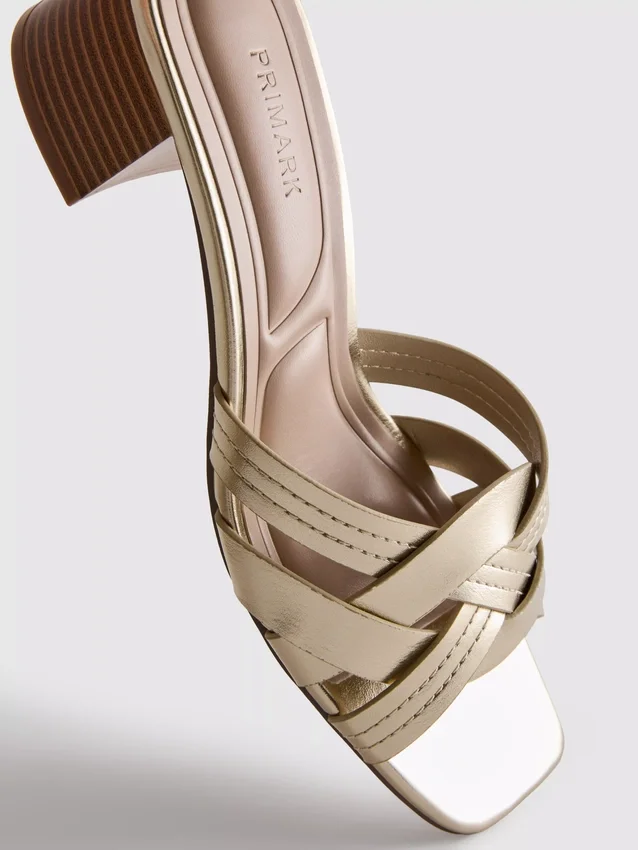 Faux leather weave block heel mules
