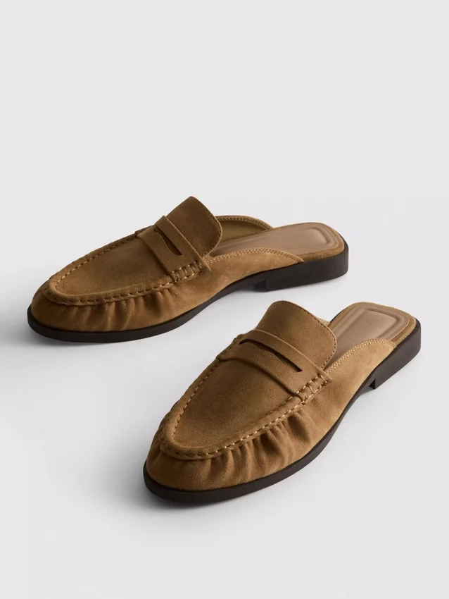 Faux suede loafer mule sandals