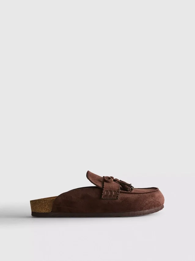 Faux suede tassel clog sandals