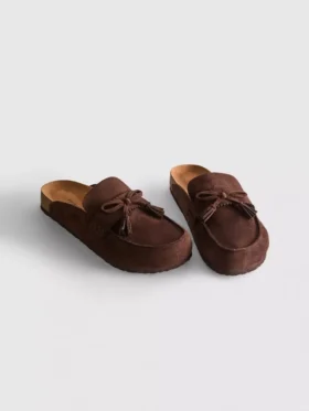 Faux suede tassel clog sandals