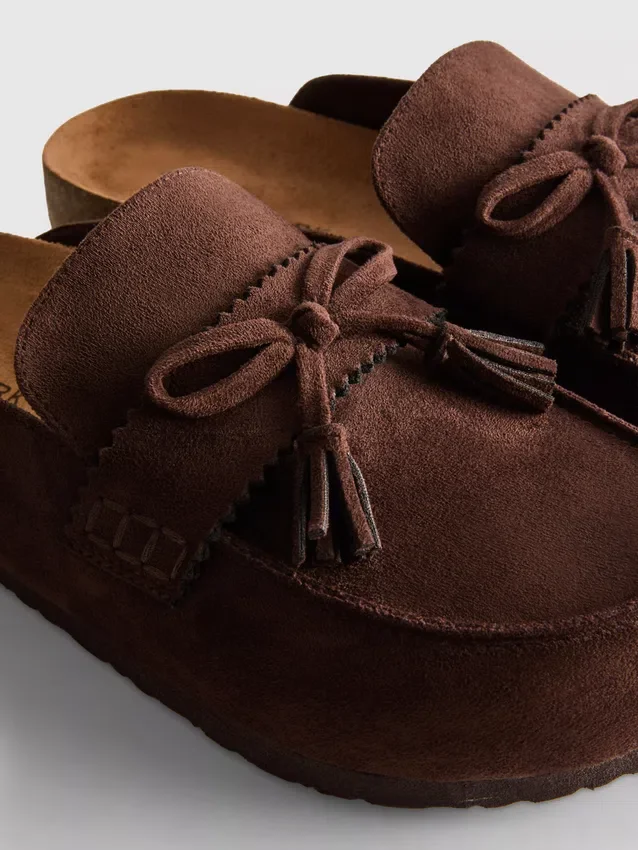 Faux suede tassel clog sandals