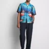 Flamingo-print short-sleeve button-up shirt