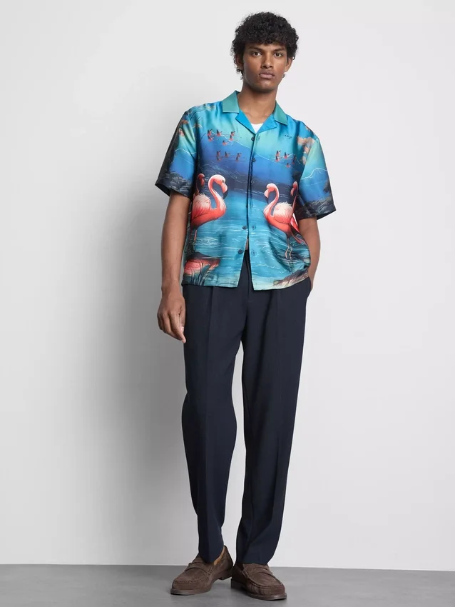 Flamingo-print short-sleeve button-up shirt