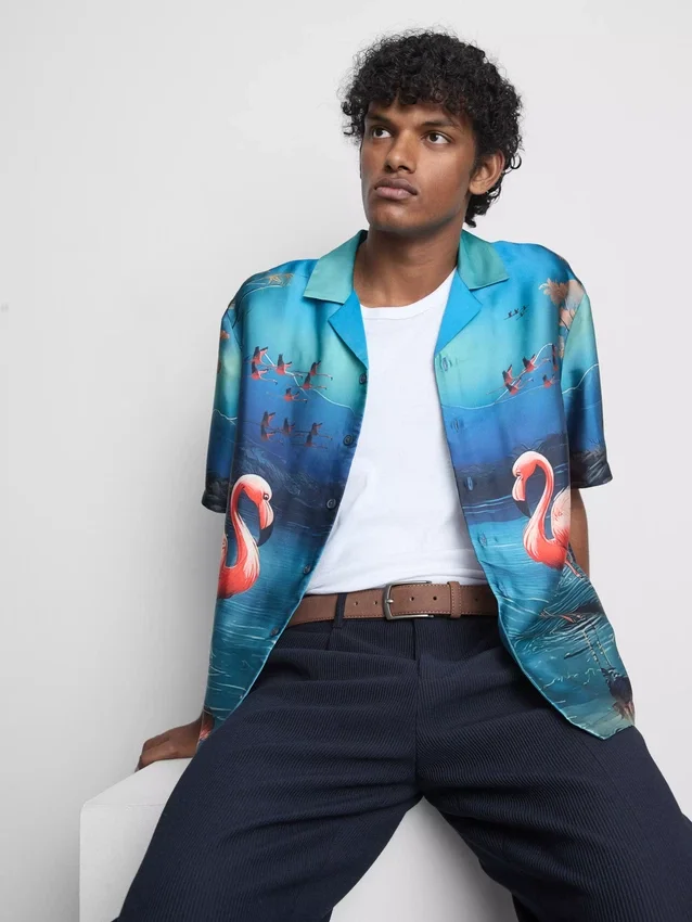 Flamingo-print short-sleeve button-up shirt