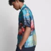 Flamingo-print short-sleeve button-up shirt