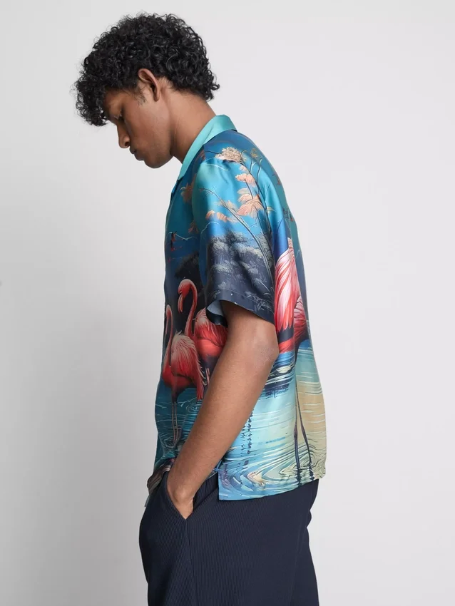 Flamingo-print short-sleeve button-up shirt