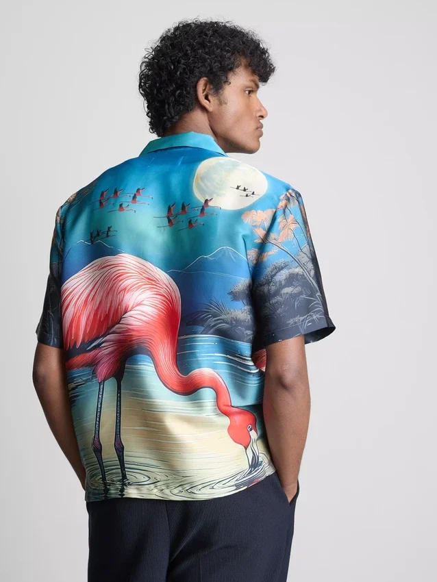 Flamingo-print short-sleeve button-up shirt
